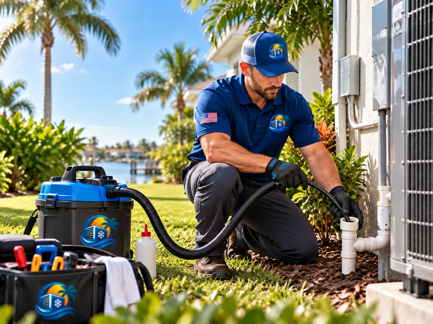 Technician clearing and inspecting an air conditioner condensate drain line
