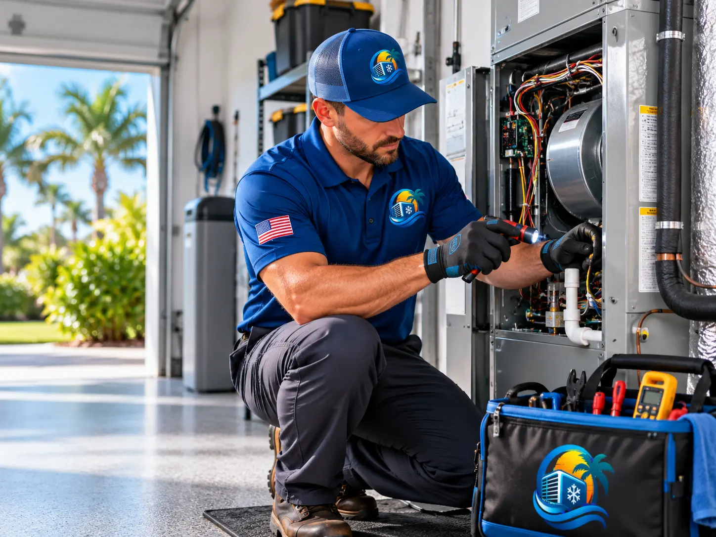 Technician servicing an indoor air handler and electrical control cabinet