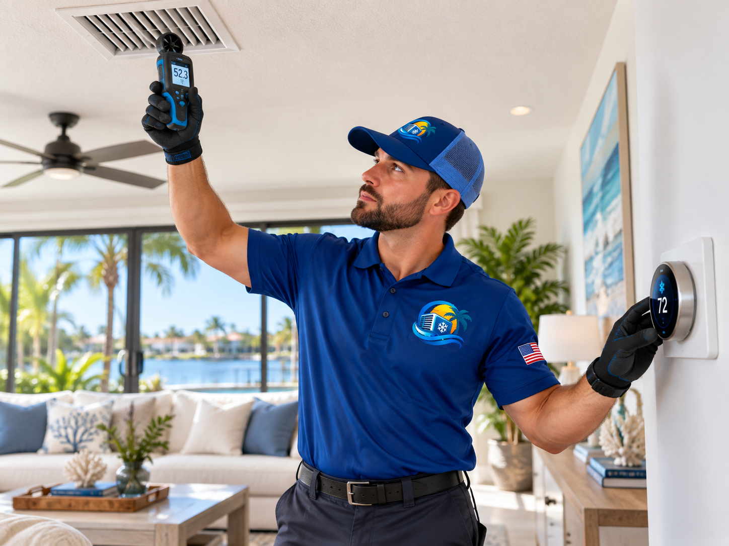 Technician measuring airflow at a ceiling supply register while checking the thermostat setting